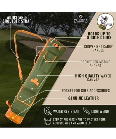 Thorza Sunday Golf Bag - Vintage Canvas & Leather for Men and Women | Lightweight Carry Bag with Zippered Pockets for 18 Holes | Stores Balls, Tees, Clubs | Compact, No Stand Stick - Buy Online on GoSupps.com