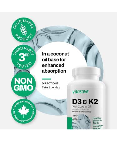 Vitasave Vitamin D3 & K2 Softgels - High Potency 1000 IU D3 & 120 mcg K2 (240 Softgels) 240 count (Pack of 1) - Buy Online on GoSupps.com