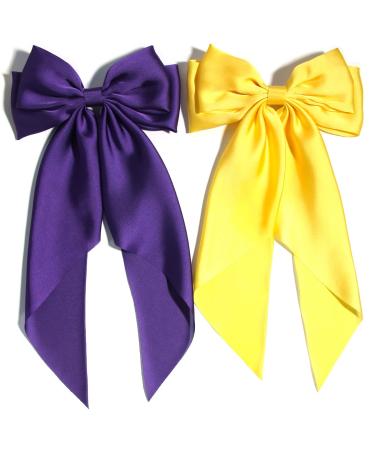 Furling Pompoms Big Bow Hair Barrette Clips Soft Satin Silky Bowknot with long Tail French Barrette Hair Clip Hair Scrunchie Cute Gifts for Women Girls Purple Gold Gold Purple