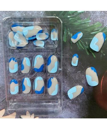 24 Pcs Blue Press on Nails - Short Oval Shape Almond Glossy False Nails with French Stripe Wave Design - Artificial Finger Manicure for Women and Girls - Buy Online on GoSupps.com