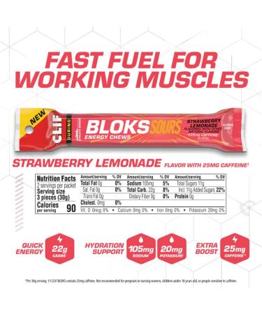 Clif Shot Bloks Sour Strawberry Lemonade Energy Chews with 25mg Caffeine - USDA Organic Natural Ingredients Easy-to-Dispense Electrolyte & Endurance Energy Support 18-Pack for Athletes and Cycling - Buy Online on GoSupps.com
