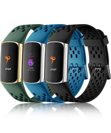 Maledan Compatible with Fitbit Charge 5 Bands Women Men - Breathable Sport Band Soft Waterproof Replacement Wristbands Strap for Fitbit Charge 5 Advanced Fitness Tracker, 3 Pack Black/ Slate Blue/ Dark Green
