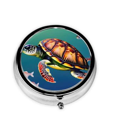 Sea Turtle with Fishes Portable Round Pill Box - Lightweight and Moisture-Proof Perfect for Organizing Vitamins Sea Turtle With Fishes One Size