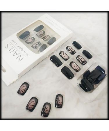 Black Curve Line Press on Nails - Glossy Black Medium Square False Nails with Dark Vine Design & Rhinestones | 24Pcs Gel Glue On Acrylic Manicure Art for Women & Girls - Buy Online on GoSupps.com