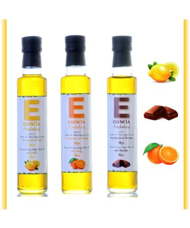 Flavored extra virgin olive oil, 3 glass bottles of 250 ml with olive oil flavored with 3 natural essences (chocolate - orange - lemon)