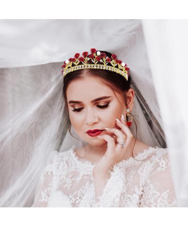Red Rose Bridal Wedding Queen Crown Set - Gold Baroque Princess Tiara with Pearls, Crystals, and Rose Pendant - Ideal for Women and Girls - Buy Online on GoSupps.com