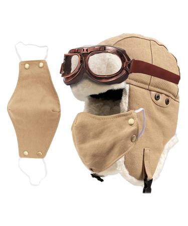 Peicees Trapper Aviator Hat and Goggles Costume Accessories Bomber Trooper Ushanka Hat Cap with Fur Ear Flap Z_mask+khaki Hat+cooper Frame/Clear Lens