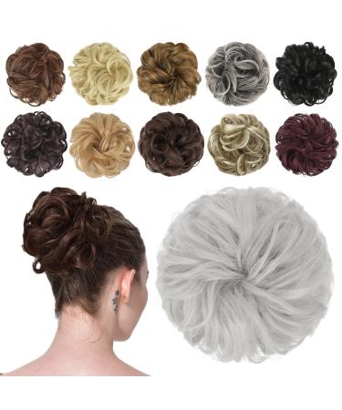 FESHFEN Messy Bun Hair Piece Hair Bun Scrunchies Synthetic Wavy Curly Chignon Ponytail Hair Extensions Thick Updo Hairpieces for Women Girls Kids 1PCS Platinum Grey 38 g (Pack of 1) 60B# Platinum Grey