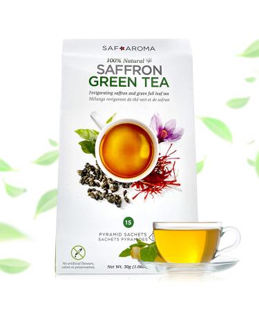 Safaroma Saffron Green Tea - Containing Premium Red Saffron Threads - Certified Organic Full Leafs - Saffron Green Gunpowder Tea -Perfect Detox & Very Tasty Tea |15 Transparent Naturally-Made Sachets