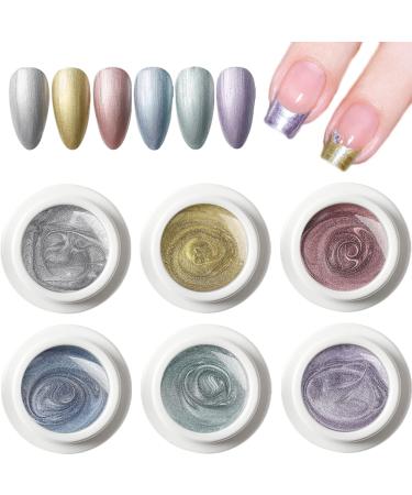 Bellecrey Chrome Gel Nail Polish 6 Colours Metallic Nail Polish Mirror Effect Spider Painting Gel Nail Varnish French Manicure Silver Rose Gold Blue Green Purple Nail Polish Set for Nail Art Design