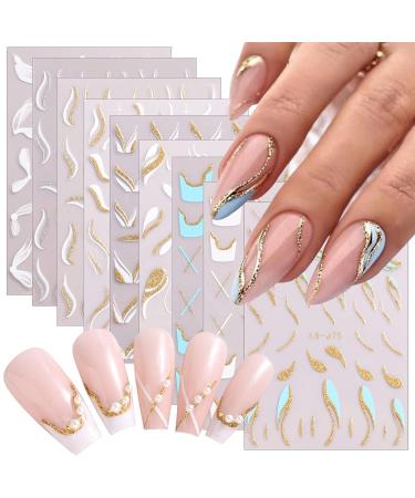 9 Sheets French Nail Art Stickers 3D Self Adhesive Nail Decals Glitter Gold Stripe Line Nail Designs Curve Swirl Lines Nails Stickers for French DIY Nail Decoration Manicure Accessories for Women