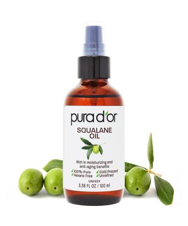 PURA D'OR 3.38 Oz Squalane Oil - Non-GMO 100% Pure & Natural - Moisturizer For Face Hair And Body - Vegan Cruelty-Free with Anti-Aging Benefits - Men & Women - Travel Size