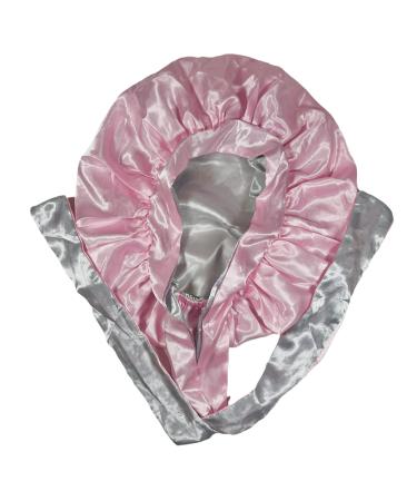 Dainty Collection | Silk Satin Hair Bonnet | Double Layer Reversible | Adjustable Tie | Night Cap | Wide Tie Bands | Pink/ Silver