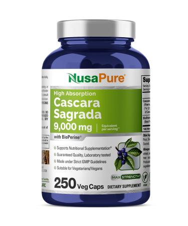 NusaPure Cascara Sagrada 9 000mg 250 Vcaps (Bioperine Non-GMO Extract 10:1)