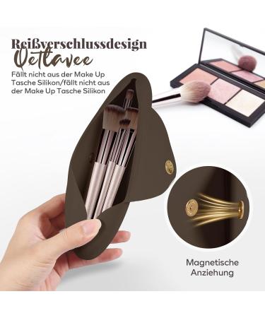 Qetlavee Silicone Makeup Bag & Brush Container Set | Portable Travel Essentials with Magnetic Snap Design (Brown) - Buy Online on GoSupps.com
