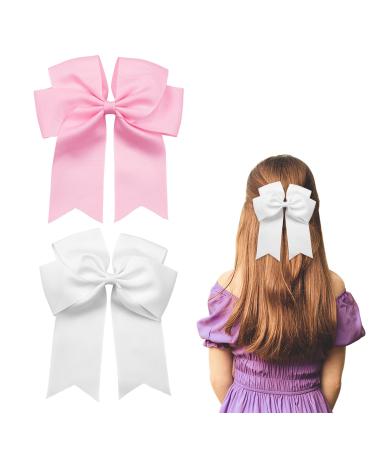 2 Pack 6 inch Bow Hair Clips Large Hair Bow Hair Barrette Clips for Women Girls White Hair Bows(White Pink)