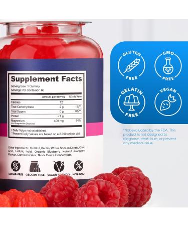Magnesium Glycinate Gummies 400mg High Absorption Magnesium Supplement for Women Men and Kids Muscle Support and Relaxation Sugar Free Vegan 60 Days Supply Raspberry - Buy Online on GoSupps.com