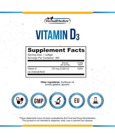 HerballMedick D3 Vitamin 5000 IU Liquid Softgel Capsules - 360 ct | Immunity & Mood Support, Bone Health, Energy Booster - Buy Online on GoSupps.com