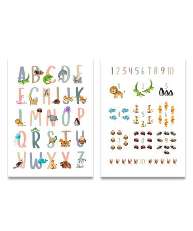 Rabano Art 2 Set Children's Room Learning Poster DIN A3 Tier-ABC & Tier number |Learn to read & learn figures |Pictures children's room children's room decoration murals decoration pictures boho decoration for children 2er set learning posters abc & numbe