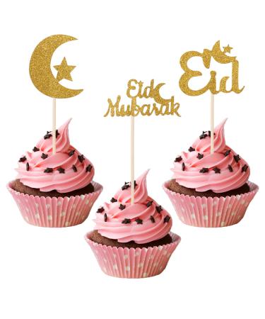 24pcs Eid Mubarak Cupcake Toppers Glitter Gold Moon Star Cake Topper Ramadan Kareem Cake Topper Eid Cupcake Picks Eid Mubarak Decorations for Islamic Muslim Theme Party