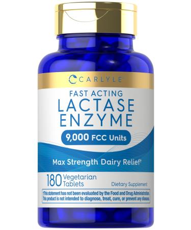 Carlyle Lactase Enzyme Tablets 9000 FCC | 180 Pills | Max Strength Dairy Relief | Fast Acting Formula | Vegetarian Non-GMO Gluten Free