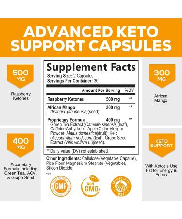 Keto Diet 1200mg Capsules with Ketosis Support - Raspberry Ketones, Apple Cider Vinegar, African Mango - Energy & Focus Booster for Women & Men - 60 Capsules - Buy Online on GoSupps.com