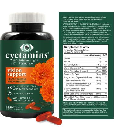 eyetamins Vision Support - 60 Capsules Ophthalmologist-Formulated - 2X Lutein and Zeaxanthin of Leading Brands - Plant-Based Natural - Vegan and Non-GMO Formula (60 Count) - Buy Online on GoSupps.com