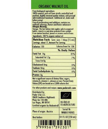 PDR Premium Organic Walnut Oil - 8.4 fl. Oz. 100% Natural Cold-Pressed Vegan Gluten-Free Non-GMO - Glass Bottle - Buy Online on GoSupps.com