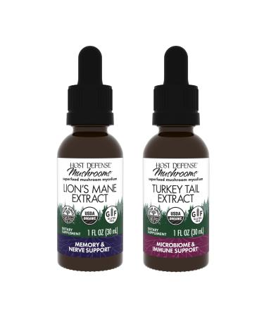 Host Defense Bundle with Lion's Mane Extract 1 fl oz & Turkey Tail Extract 1 fl oz - Support Brain Health Memory & Focus - Support Digestive Health & Immune Response*