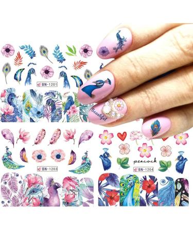 Peacock Nail Sticker Decal Set - 12 Pcs Colorful Blue Purple Leaf Flower Designs for Holiday Nail Art - DIY Nail Decoration for Women and Girls - Buy Online on GoSupps.com
