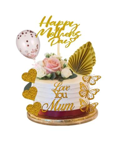 12 Pcs Happy Mother's Day Cake Topper Set Cake Decorations Mothers Day Cake Toppers Palm Leaf Sequins Balloon Glitter Card Cake Toppers for Mum Party Cake Decor (GOLD)