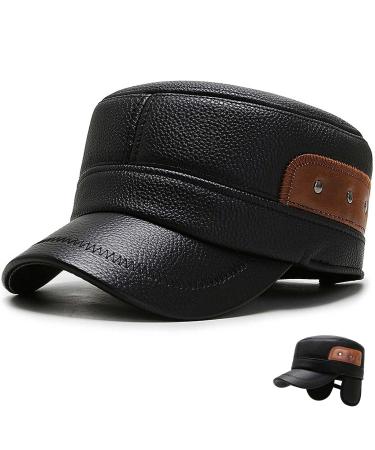 Classic Men's Winter Leather Peaked Cap,Snow Warm Baseball Cap,Adjustable Military Cadet Army Flat Top Hat with Earflap Black and Brown