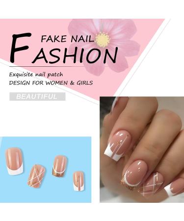 24-Piece Gold Glitter French Artificial Nails - Ballerina Press-On Design for Women & Girls | DIY Square Fake Nails - Buy Online on GoSupps.com