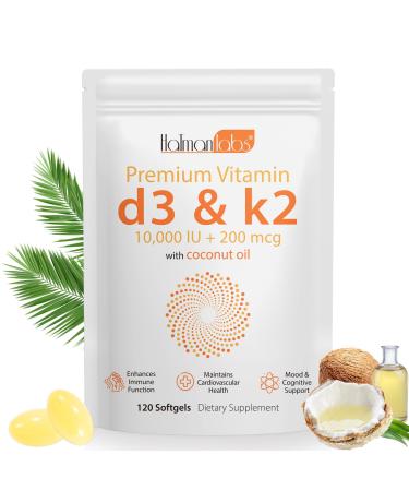 120 Count Vitamin D3& Vitamin K2 Vitamin D3 K2 Softgel (MK-7) Vegan Vitamin D3 K2 Supplement Free of GMO Gluten Soy (B)