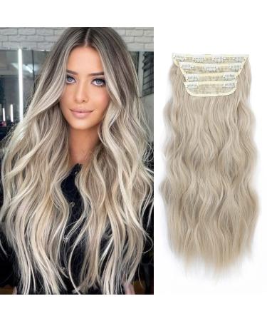 Hair Extensions Clip in 4pcs Pearl Blonde Hair Extension Long Wavy Full Head Clip in Hair Extension Synthetic Fiber Hair Pieces for Women