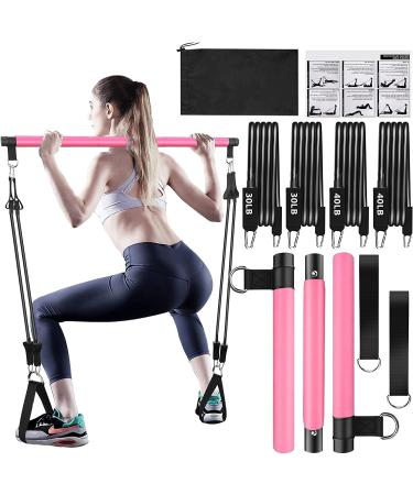 Pilates Bar Kit with Resistance Bands(4 x Resistance Bands),3-Section Pilates Bar with Stackable Bands Workout Equipment for Legs,Hip,Waist and Arm Pink(30lbs,4lbs)