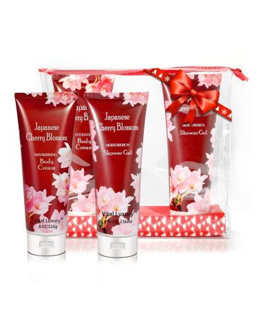 Vital Luxury Shower Gel & Body Cream   Organic Travel-Size Moisturizing Gift Set Comes with Hand Crem and Organic Body Wash for Men and Women   8 FL OZ (3 Japanese Cherry Blossom Sets) 3 Japanese Cherry sets