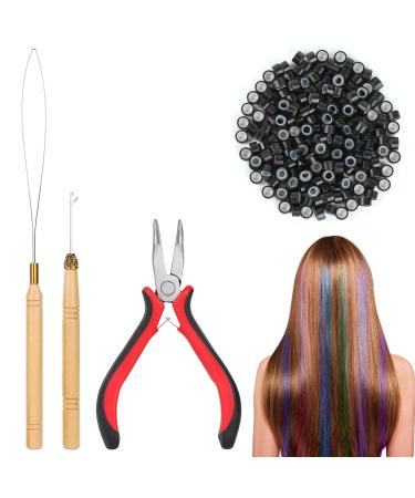 Sinofort Black Nano Beads Hair Extensions Tools Kit with Hair Extension Pliers Nano Rings and Hair Extension Beads Hair Extension Tools for Tinsel Feather Extensions