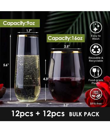 24 Pcs Disposable Stemless Wine & Champagne Glasses Set - Gold Rim Unbreakable Toasting Cups for Parties - Buy Online on GoSupps.com