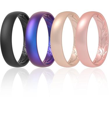 ThunderFit Women Silicone Wedding Bands, Breathable Leaf Cross Pattern Wedding Rings - 4mm Wide Rose Gold A, Rose Gold C, Black, Galaxy A 5.5 - 6 (16.5mm)