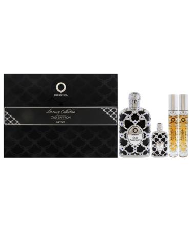 Orientica Oud Saffron for Men - 4 Pc Gift Set 2.7oz EDP Spray 2 x 10ml EDP Spray 7.5ml EDP Splash 3.3 Fl Oz (Pack of 1)