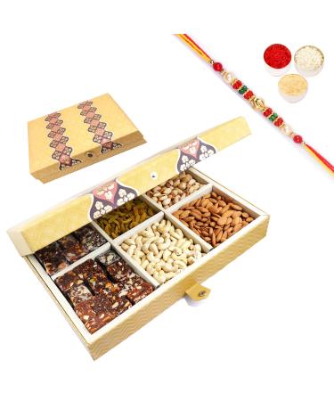 Ghasitaram Gifts Rakhi Gifts for Brothers 6 Part Box with Dryfruits and Sugarfree Bites 900 GMS with Beads Rakhi Box with Dryfruits and SF Bites 900g with Rakhi