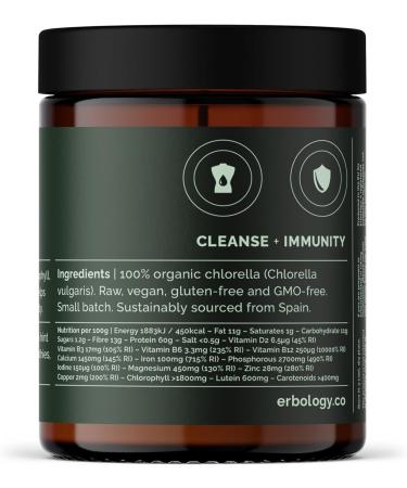 Erbology Organic Chlorella Powder 90g - 45 Servings - Sustainably Sourced in Spain - Body Cleansing and Immunity Support - Rich in Chlorophyll B Vitamins Iron and Phosphorus - Vegan - GMO-Free - Buy Online on GoSupps.com