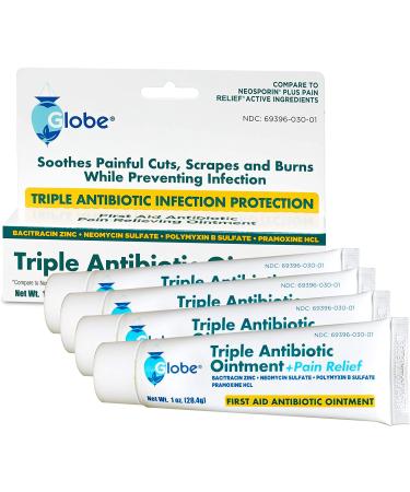 GLOBE Triple Antibiotic + Pain Relief Ointment 1oz - 4 Pack | First Aid Antiseptic for Cuts, Burns, Scrapes | Soothes Pain, 24 Hr Infection Protection - Buy Online on GoSupps.com