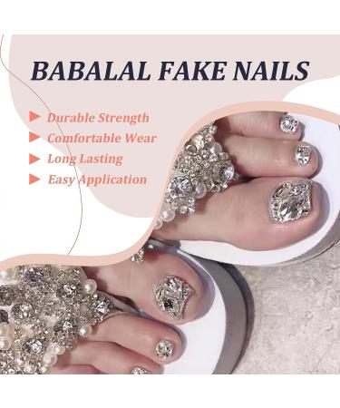24pcs Silver Glitter Acrylic Fake Toenails Set with Diamond Designs - Women & Girls - Buy Online on GoSupps.com