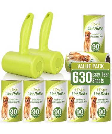 630 Sheets Lint Rollers for Pet Hair iDogin Lint Remover Extra Sticky with 2 Handle - for Clothes Furniture Dog Cat Hair Removal (Easy Spiral Tear 90 Sheets/Refill 2 Rollers 7 Refills)