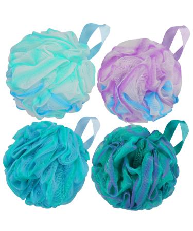 Bath Shower Loofah Sponge 4 Packs Body Wash Scrubber Exfoliator Loofa Pouf for Use in Shower Essential Skin Care Men Women Bathing Accessories (4 Colors) (E)