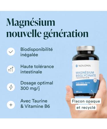 NOVOMA Magnesium Bisglycinate + Taurine & Vitamin B6 High Content 300mg /day 120 capsules Fights Fatigue and Stress Better Absorbed than Magnesium Marin Made in France - Buy Online on GoSupps.com