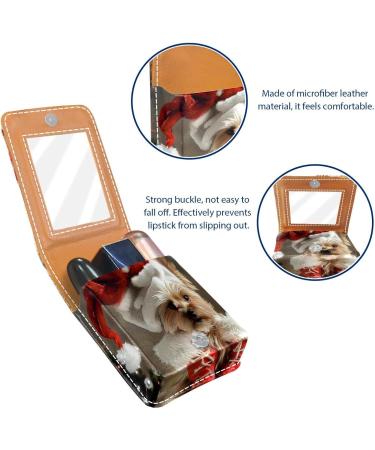 Leather Lipstick Case & Organizer with Mirror | Mini Portable Lip Gloss Holder | Christmas Shihtzu Dog Design - Buy Online on GoSupps.com