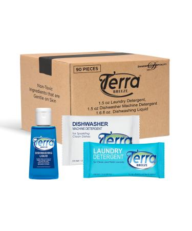 Travel Laundry Detergent & Dish Soap | Terra Breeze 1-Shoppe All-In-Kit Bulk Hotel Size Amenities for AirBnB & Rentals | 90 Pcs 90 PIECES